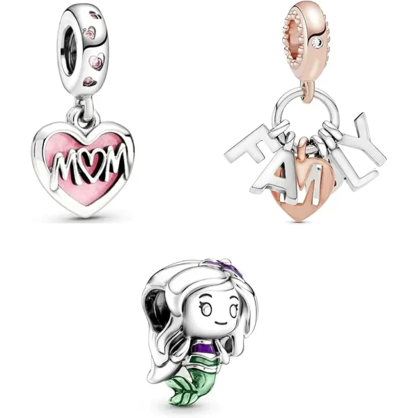 Set of 3 Family Bead Charm Pandora Compatible - Mom Family Green Mermaid Doll