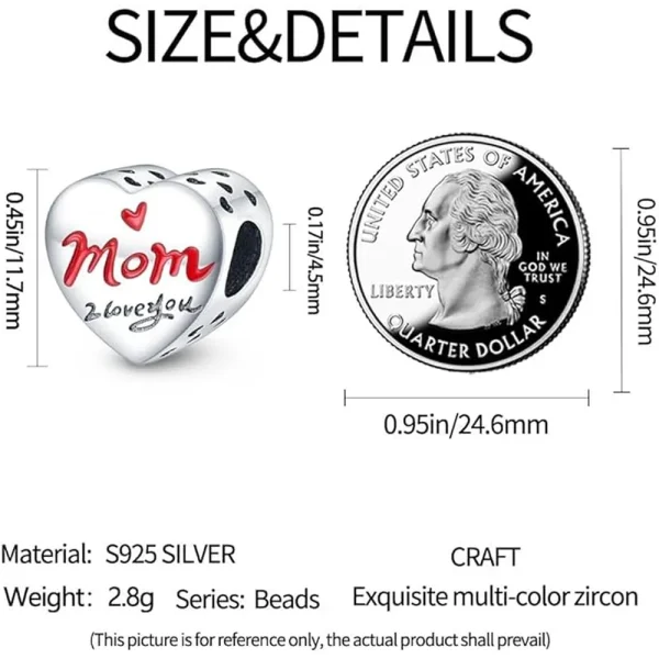 Mom Love You Heart Charm Pandora Compatible - Mom Love You Heart - Image 2