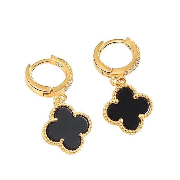 Lorram - Sterling Silver black and gold plated Four Leaf Clover Drop Earrings
