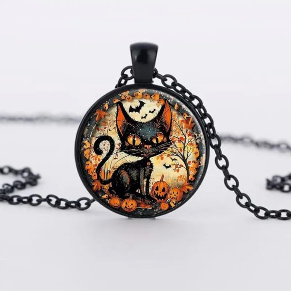 Lorram Punk Cool Style Halloween Pattern Cat Alloy Inlay Glass Halloween Unisex Pendant Necklace - Image 5