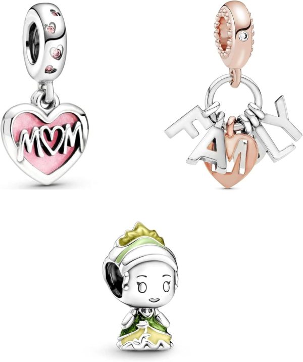 Set of 3 Family Bead Charm Pandora Compatible - Mom Family Green Princess