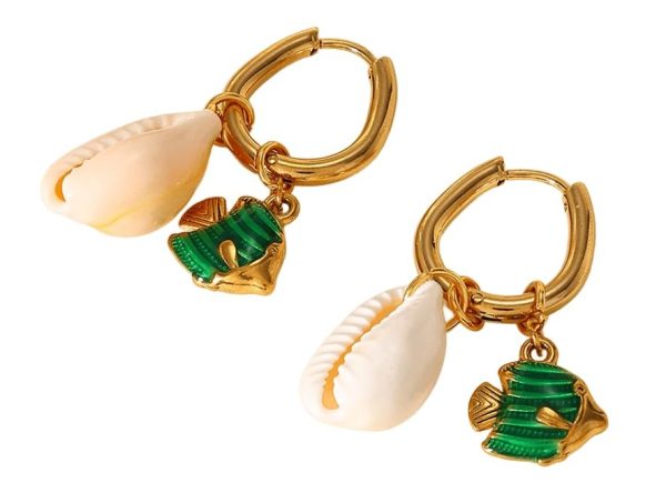 Lorram Jewellery Gold-Plated Shell Earrings with Green Stones Fish