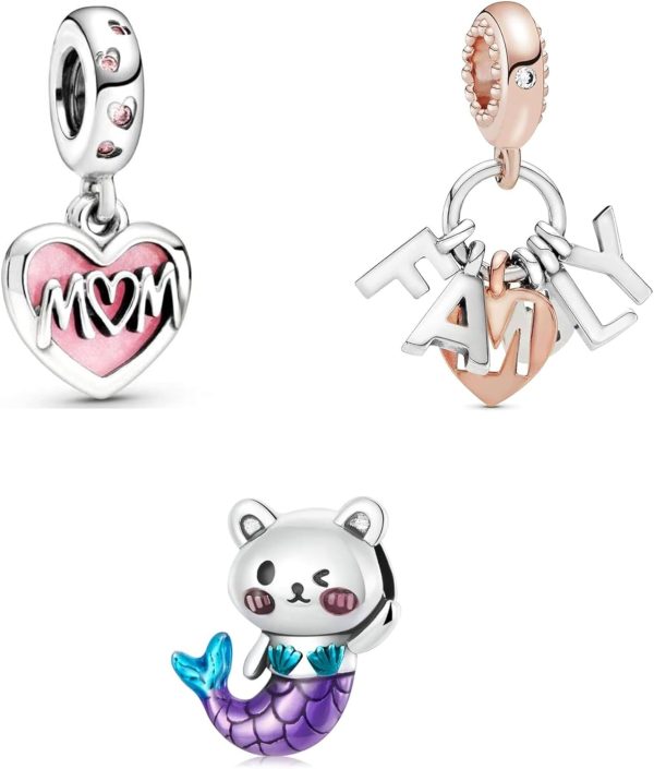 Set of 3 Family Bead Charm Pandora Compatible - Mom Family Cat Mermaid