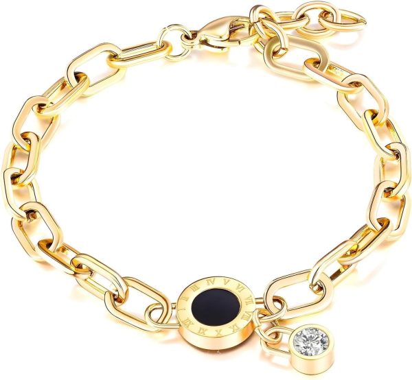 Lorram Elegant 18K Gold Plated Stainless Steel Bracelet with Black Stone and Diamond Charm