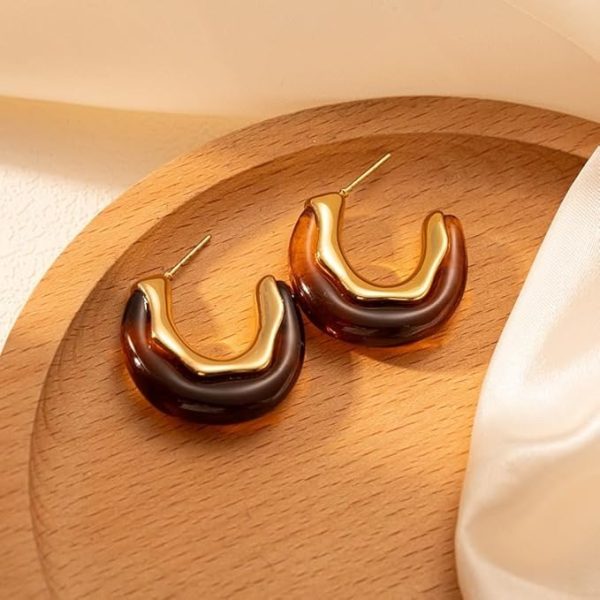 Lorram Jewellery Gold and Brown U-Shaped Hoop Earrings - Image 3