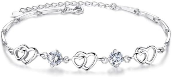 Lorram Double Heart Silver Plated Bracelet - Casual Elegant Conteporany Round - Alloy Silver Plated White Inlay Zircon - 15cm + 4cm extension chain - Image 2