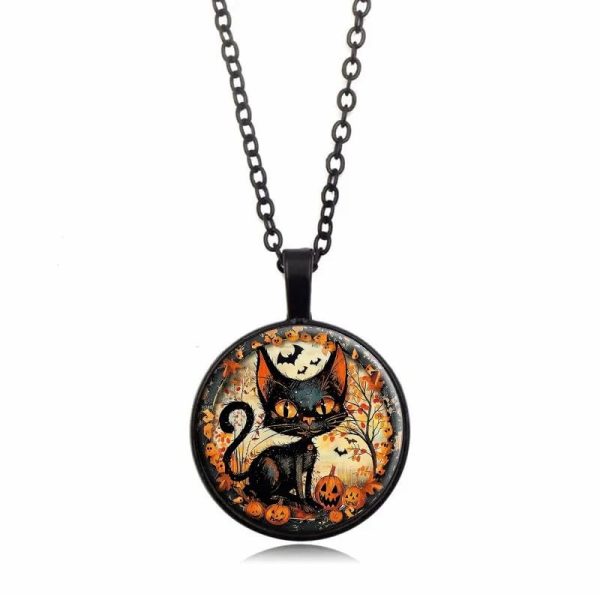 Lorram Punk Cool Style Halloween Pattern Cat Alloy Inlay Glass Halloween Unisex Pendant Necklace