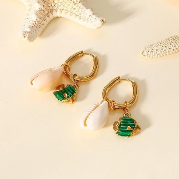 Lorram Jewellery Gold-Plated Shell Earrings with Green Stones Fish - Image 2