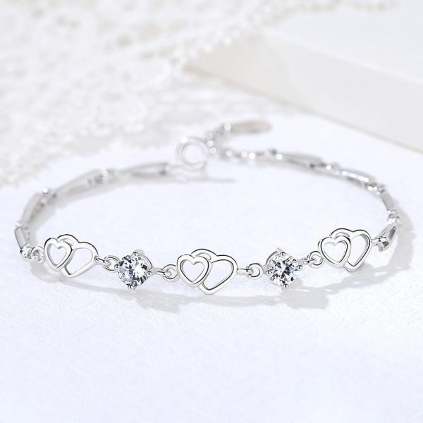 Lorram Double Heart Silver Plated Bracelet - Casual Elegant Conteporany Round - Alloy Silver Plated White Inlay Zircon - 15cm + 4cm extension chain