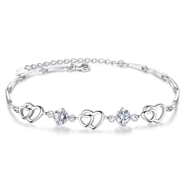 Lorram Double Heart Silver Plated Bracelet - Casual Elegant Conteporany Round - Alloy Silver Plated White Inlay Zircon - 15cm + 4cm extension chain - Image 3