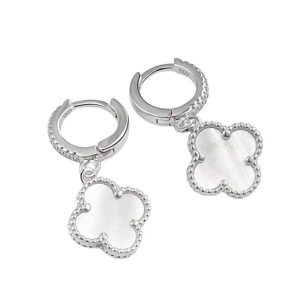 Lorram - Sterling Silver white and silver plated Four Leaf Clover Drop Earrings