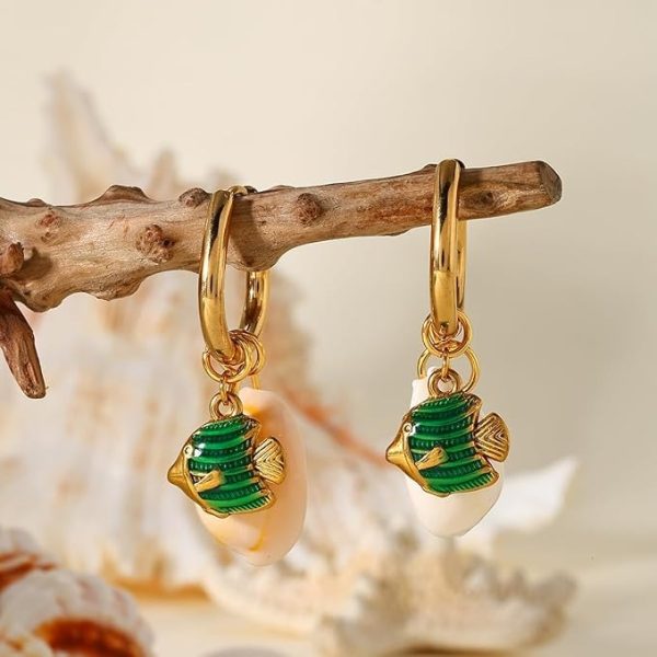 Lorram Jewellery Gold-Plated Shell Earrings with Green Stones Fish - Image 3