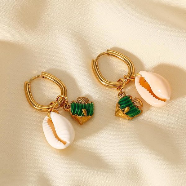 Lorram Jewellery Gold-Plated Shell Earrings with Green Stones Fish - Image 4
