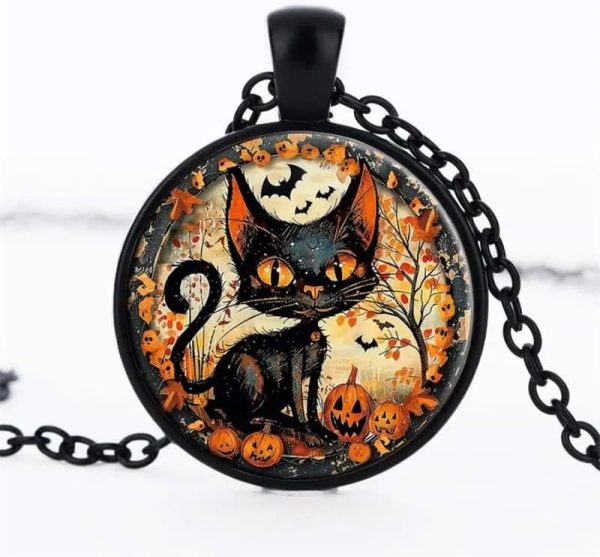 Lorram Punk Cool Style Halloween Pattern Cat Alloy Inlay Glass Halloween Unisex Pendant Necklace - Image 2