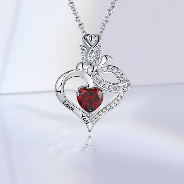 LORRAM - Red Heart Necklace - Red Zirconia Crystal Pendant - 50cm Copper Plated White Gold Chain - Image 4