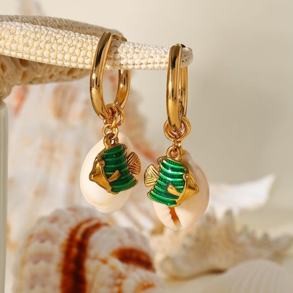 Lorram Jewellery Gold-Plated Shell Earrings with Green Stones Fish - Image 5