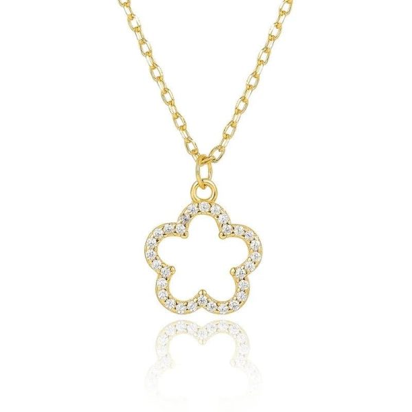 Lorram Jewellery Gold Sterling Silver Flower Pendant Necklace with Zircons