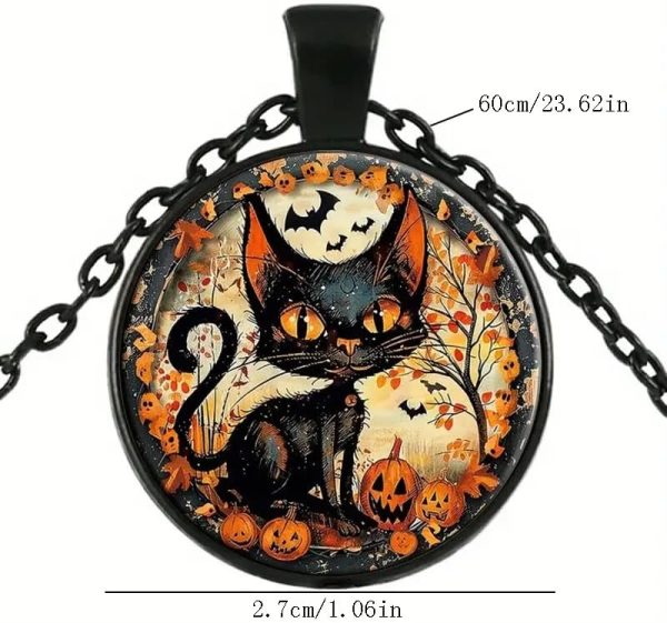 Lorram Punk Cool Style Halloween Pattern Cat Alloy Inlay Glass Halloween Unisex Pendant Necklace - Image 4