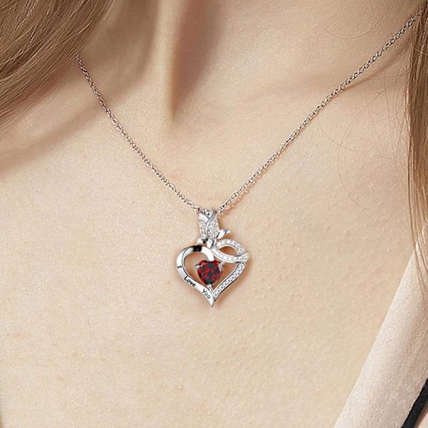 LORRAM - Red Heart Necklace - Red Zirconia Crystal Pendant - 50cm Copper Plated White Gold Chain - Image 2